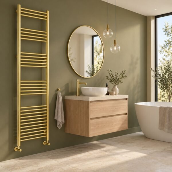Aura Mira Steel Towel Rail Brushed Brass 1800mm x 500mm Roomshot