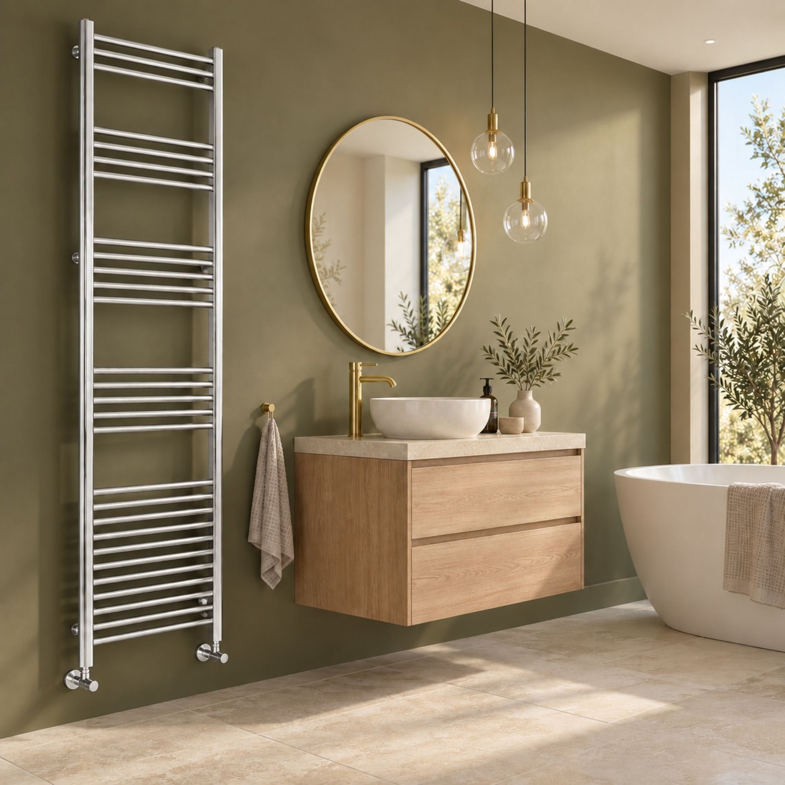 Aura Mira Steel Towel Rail Chrome 1800mm x 500mm Roomshot Aura Mira Steel Towel Rail Chrome 1800mm x 500mm Roomshot