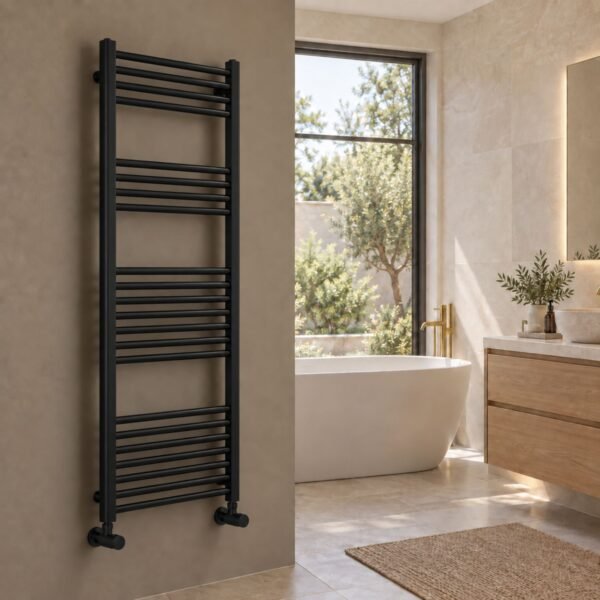 Aura Mira Steel Towel Rail Matt Black 1500mm x 500mm Roomshot