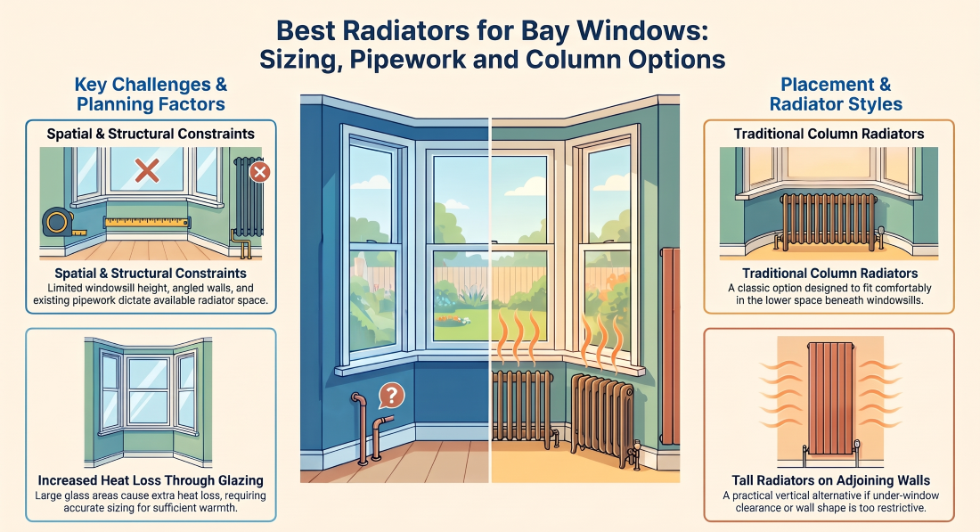 Horizontal and vertical column radiators for bay windows