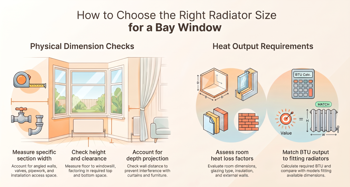 Measuring radiator width and height for a bay window installation
