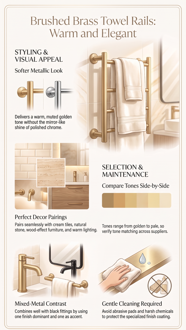 Brushed brass heated towel rail with a warm golden finish in an elegant modern bathroom