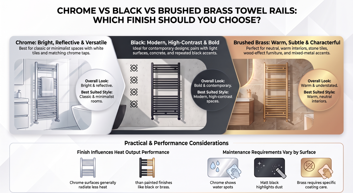 Chrome, black and brushed brass heated towel rails in modern bathroom designs