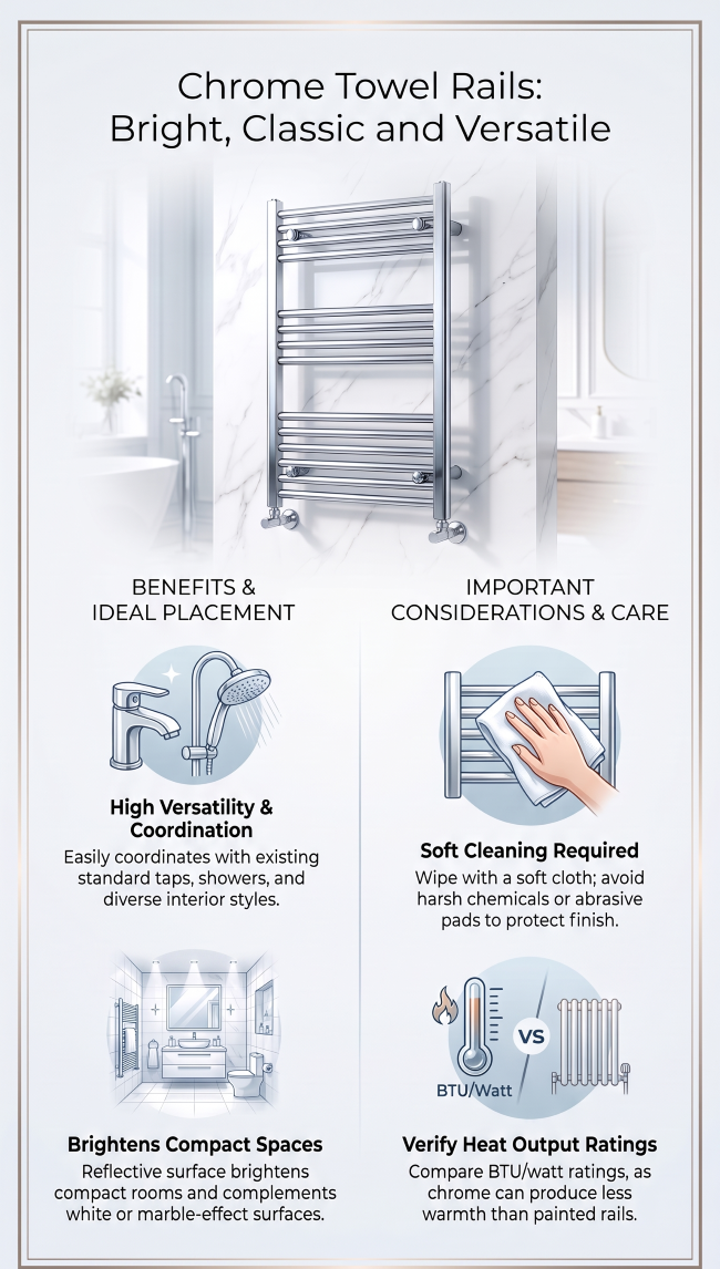Chrome heated towel rail with a polished finish in a modern bathroom