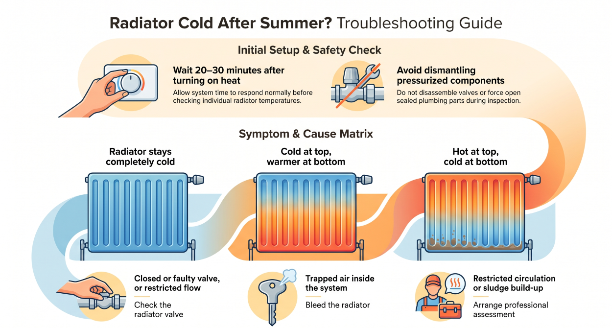 Radiator not heating up after summer in a home living room