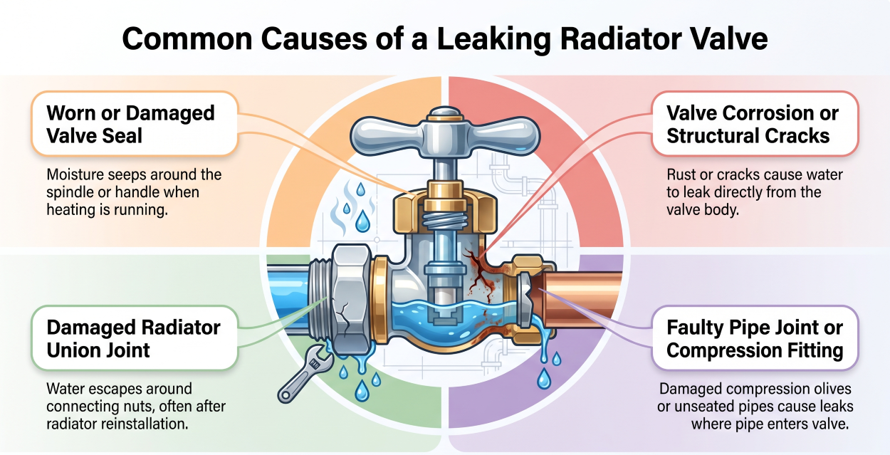 Infographic showing four common causes of a leaking radiator valve: worn valve seal, damaged radiator union joint, valve corrosion and faulty pipe joint.