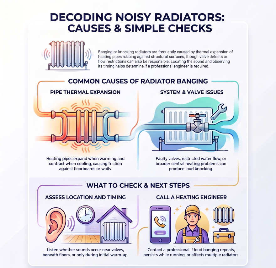 Radiator making banging or knocking noises due to heating pipe movement.