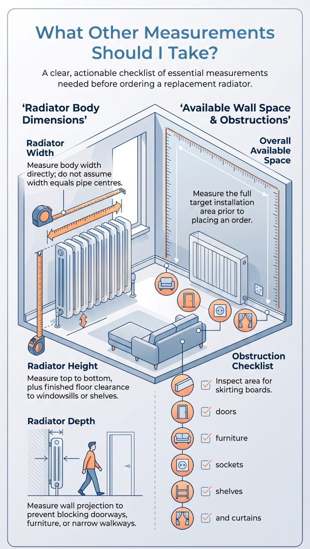 Key radiator measurements including height width depth and wall space