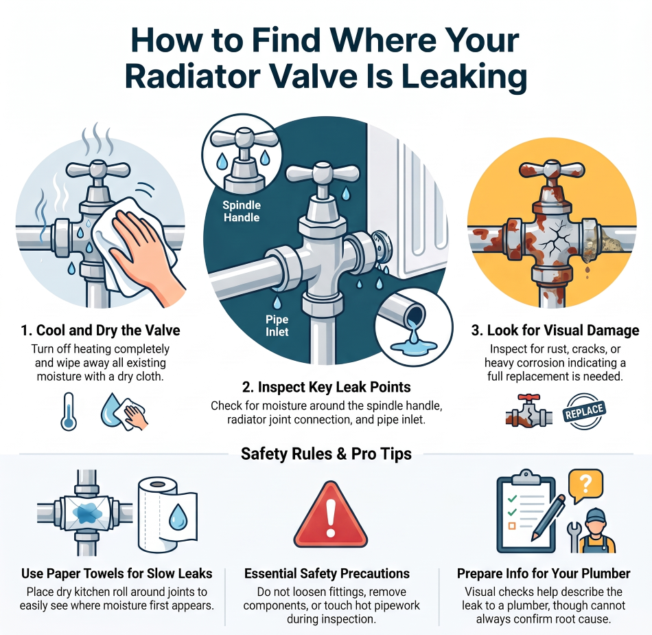 How to identify a leaking radiator valve by checking the spindle, radiator connection, pipe joint and signs of corrosion.