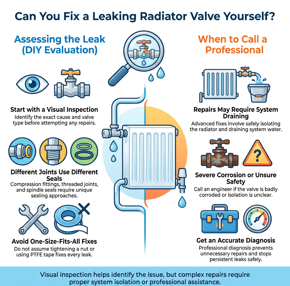 Checking a leaking radiator valve to determine whether it needs a simple repair or professional plumbing assistance.