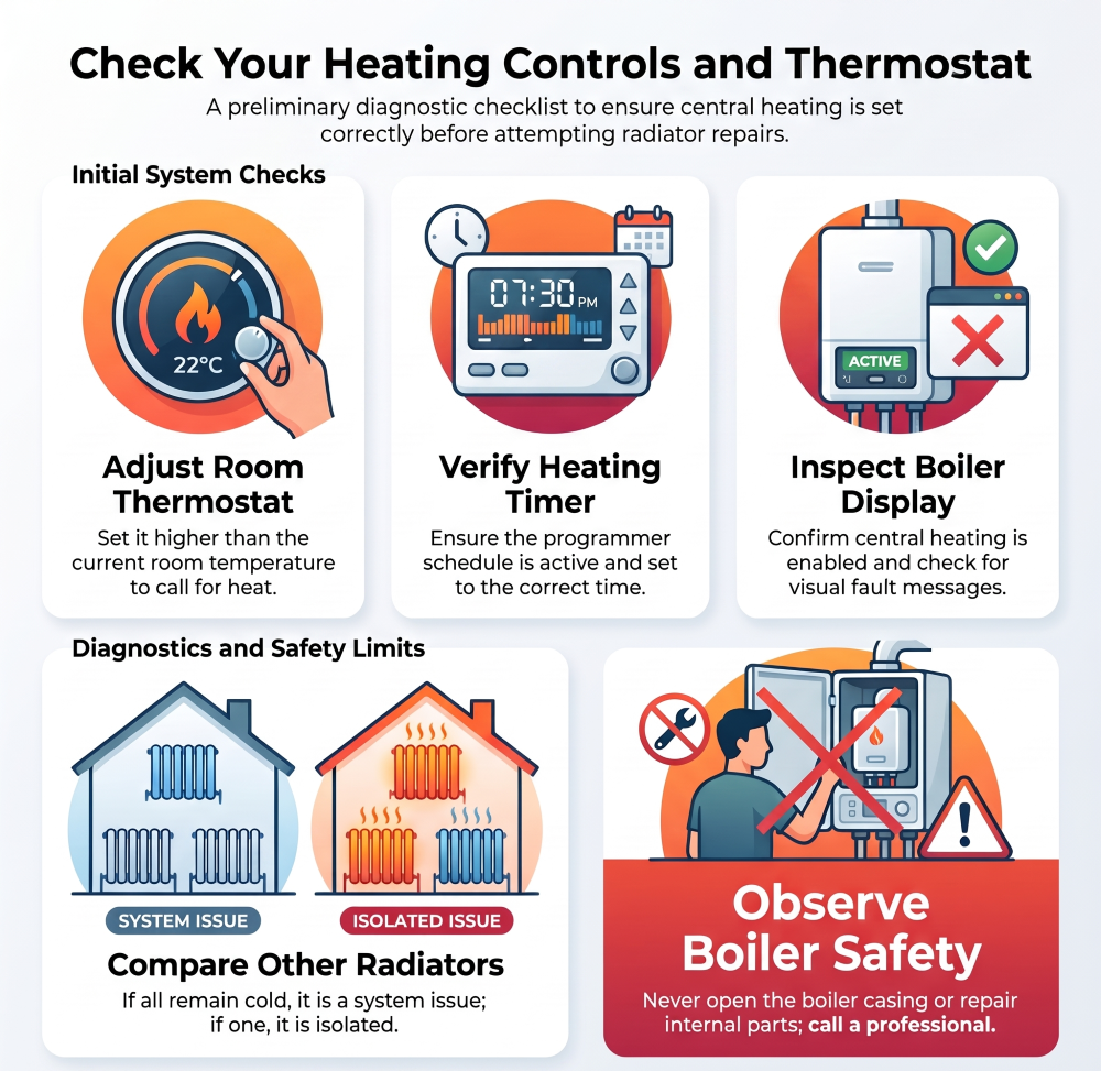 Checking central heating controls and thermostat when a radiator is not heating up