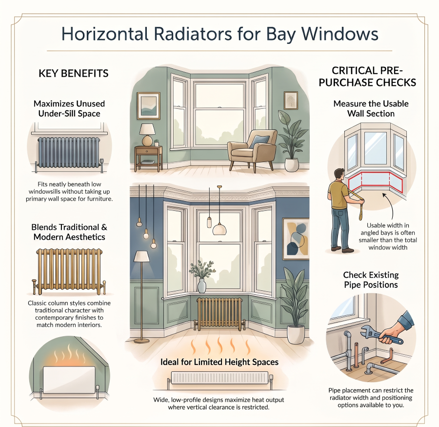Horizontal column radiator installed beneath a bay window