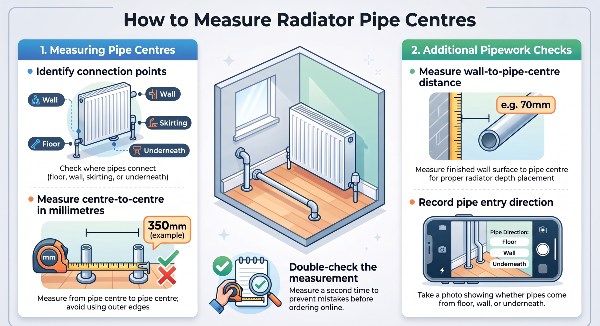 Measuring radiator pipe centres and checking pipe connections