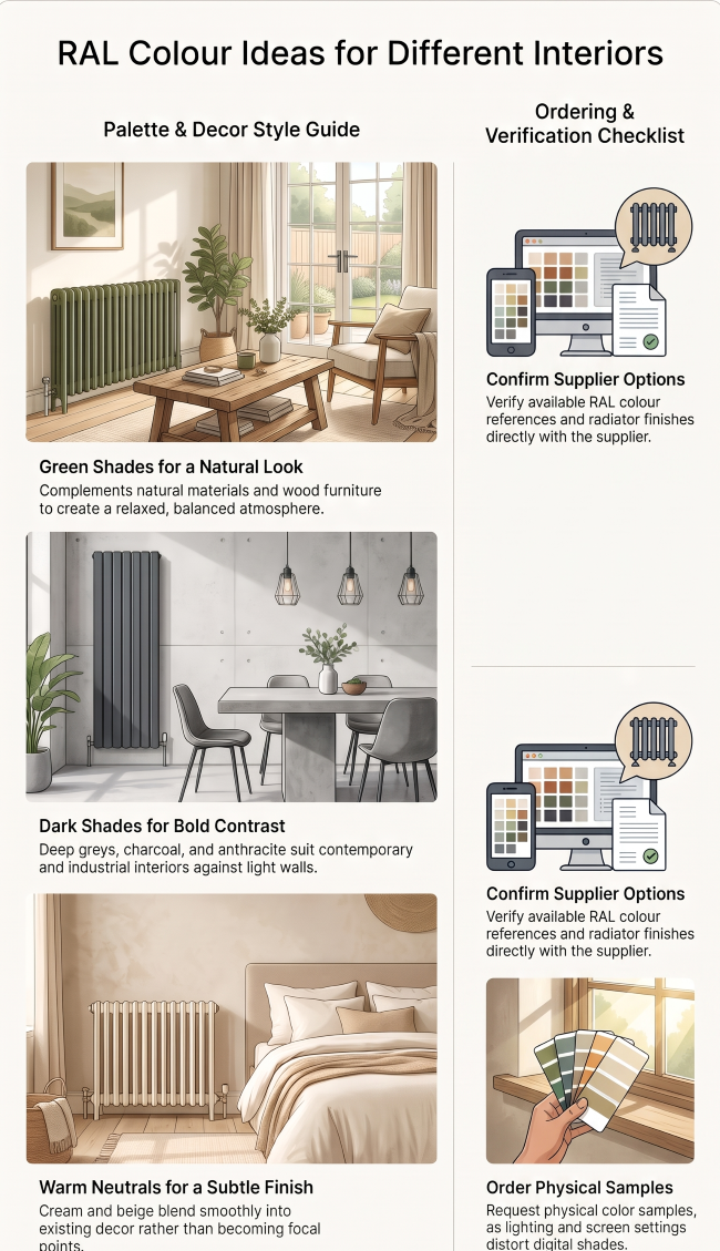 RAL colour radiator ideas featuring green, dark grey and warm neutral finishes