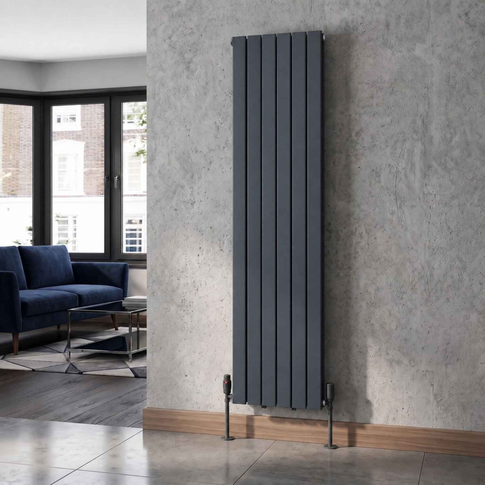 Luna Double Flat Vertical Designer Radiator 1800mm x 456mm Anthracite Roomshot Luna Double Flat Vertical Designer Radiator 1800mm x 456mm Anthracite Roomshot