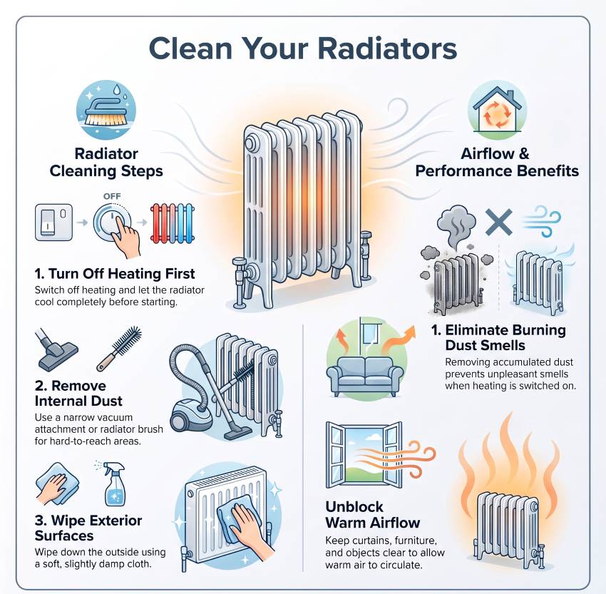 Cleaning dust from a radiator before winter