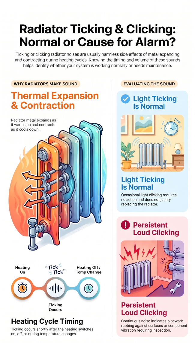Radiator making ticking or clicking noises as the metal expands and contracts.