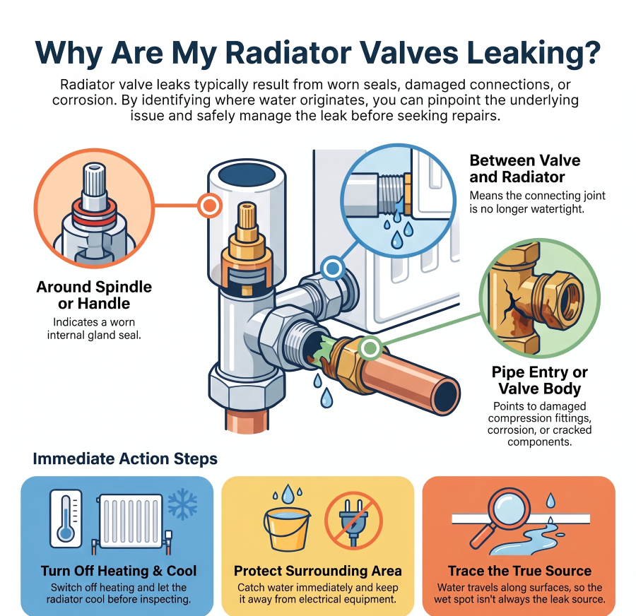 Common causes of leaking radiator valves, including worn seals, damaged pipe connections and corrosion.