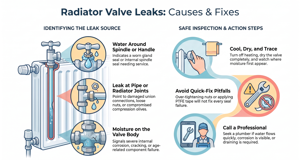 Radiator valve leaking water from the pipe connection