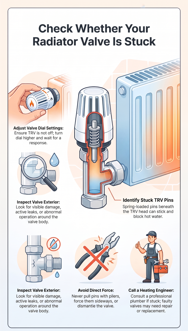 Checking a thermostatic radiator valve to identify why a radiator is staying cold