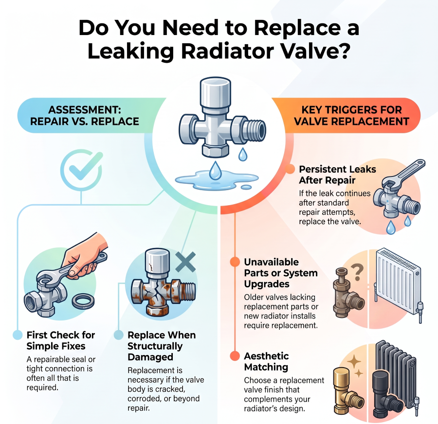 Replacing a leaking radiator valve with a compatible replacement valve to prevent water leaks and improve the radiator's appearance.