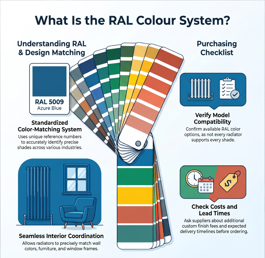 RAL colour chart showing different shades for coloured radiators