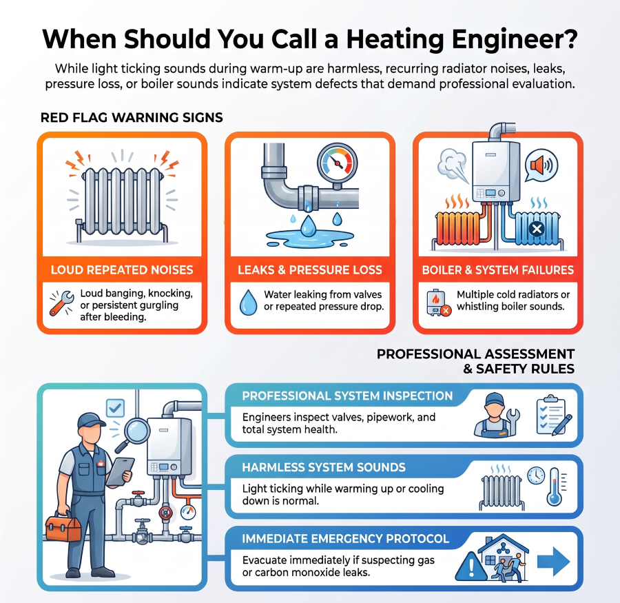 Heating engineer inspecting a noisy radiator, valves and pipework to identify heating system problems.