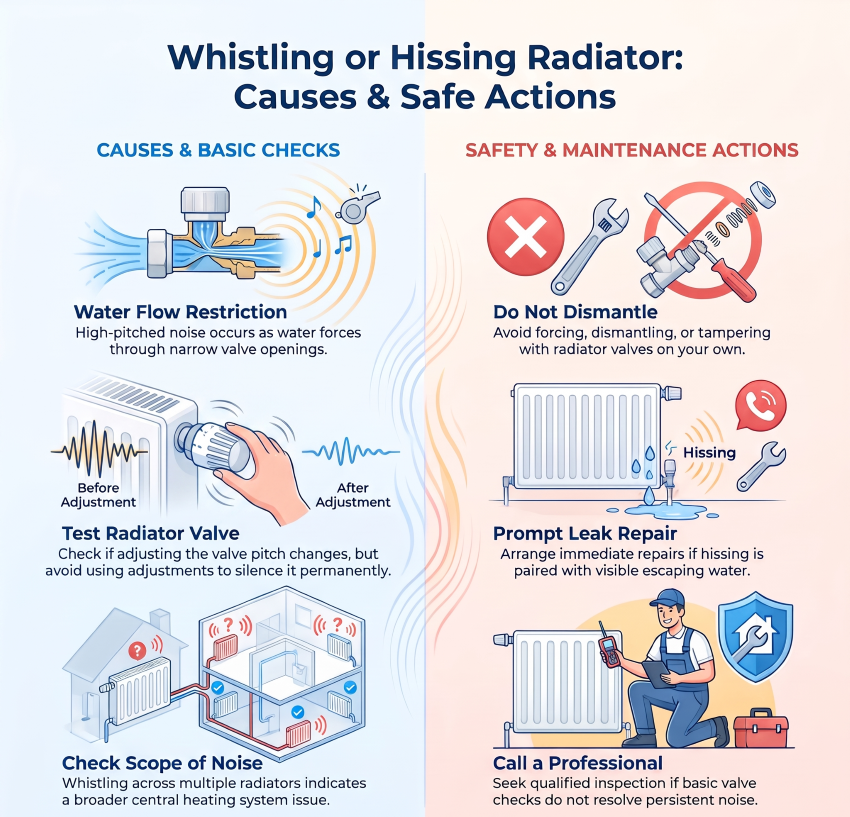 Radiator making whistling or hissing noises due to possible valve or water-flow problems.