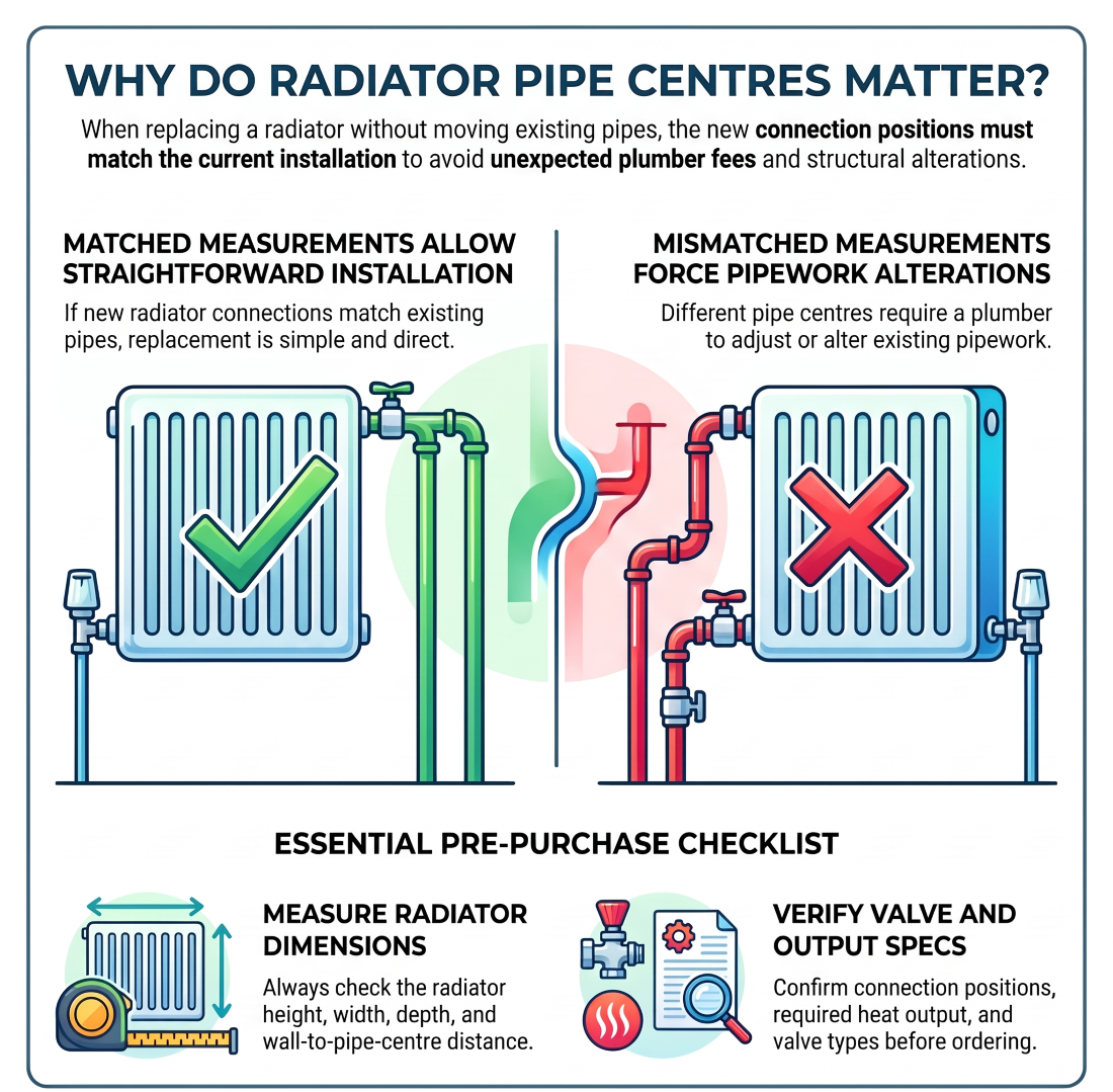 Checking radiator pipe centres before replacing a radiator