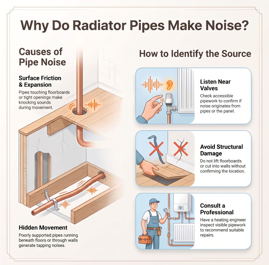 Heating pipes making knocking or clicking noises due to movement beneath floors or inside walls.
